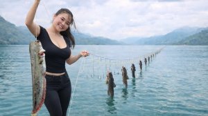 Красивая деревенская девушка закидывает крючки на озере, чтобы поймать сома и змееголова. Вьетнам