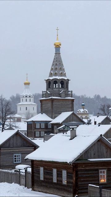 Зимний пейзаж уютного русского села #русскаяархитектура #зима #природа