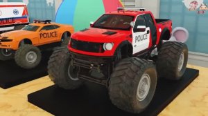 учим цвета колес полицейского монстр-трака спец грузовика полицейской шины и парковочного автомобиля