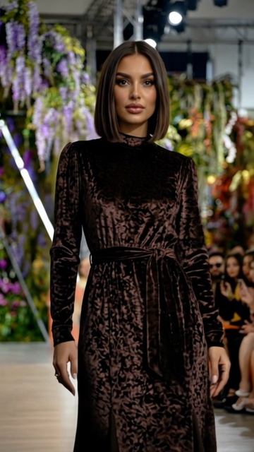 Длинное платье велюра с поясом коричневого цвета