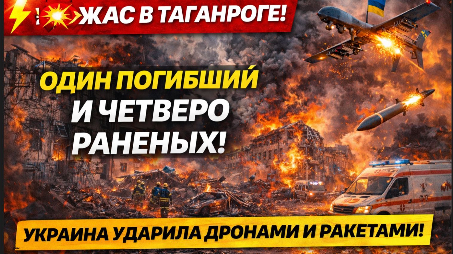 ⚡💥 УЖАС В ТАГАНРОГЕ! ОДИН ПОГИБШИЙ И ЧЕТВЕРО РАНЕНЫХ! УКРАИНА УДАРИЛА ДРОНАМИ И РАКЕТАМИ!