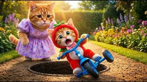 Рыжий котенок упал с велосипеда, мама-кошка мчится на помощь!