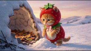 Рыжий котенок и мама-кошка превращают ледяную ночь в теплое снежное убежище