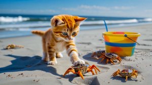 😹Маленький пушистый котёночек играет на песочке с крабиком🔥