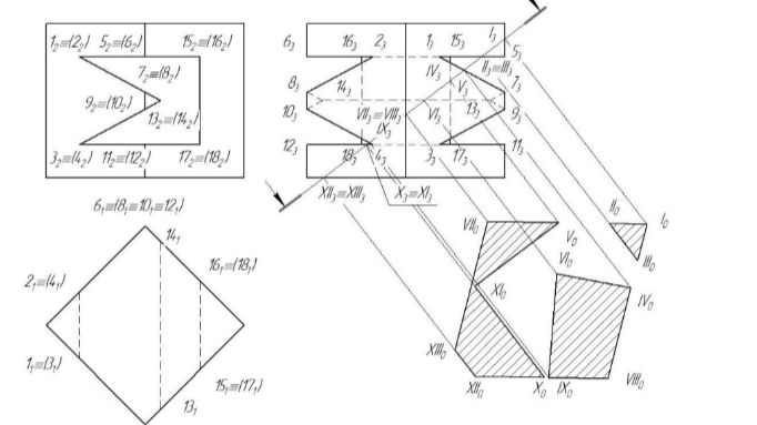 Призма с отверстием. Проекции, косое сечение