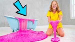 Настя вместе с друзьями делают гигантский слайм дома