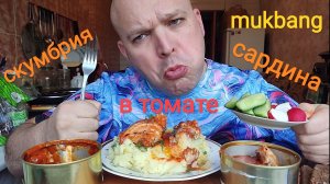 МУКБАНГ Консервированная СКУМБРИЯ И САРДИНА в томате/ОБЖОР Картофельное пюре/еда на камеру