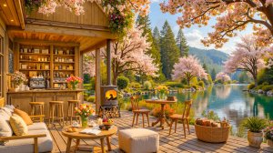 Весенняя терраса с камином и мягким джазом у озера для отдыха 🌸🔥