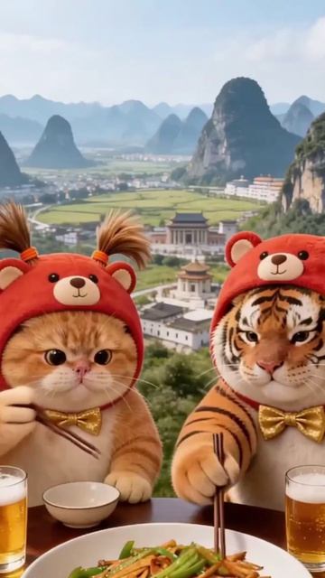 Рыжий кот и тигр Робин за дружеским столом.