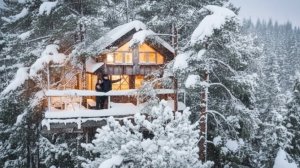 Уютный отдых в домике на дереве в снежной Норвегии.