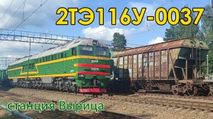 Тепловоз 2ТЭ116У-0037 на станции Вырица с грузовым поездом