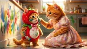 Мама-кошка помогает котенку превратить беспорядок с красками в искусство!