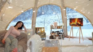 Снежный кемпинг в лесу с надувной палаткой. Звуки снега ASMR.