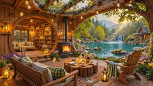 Уютная веранда с камином и мягким джазом у озера для отдыха ✨🔥