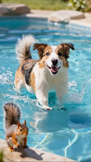 Собака и белка в бассейне: непередаваемые моменты веселья! #собака #белка #веселье