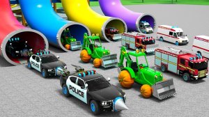 Спустите бульдозер пожарную машину машину скорой помощи и полицейскую машину вниз по склону из трубы