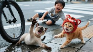 Опасный поступок: мальчик бежит на красный свет — тигровый котёнок спасает сиамского котёнка