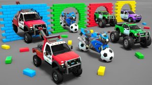 Полицейские машины мотоцикл и другие транспортные средства меняют цвет проезжая сквозь цветные стены