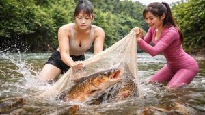 Невероятная рыбалка. Две девушки ловят рыбу в реке.