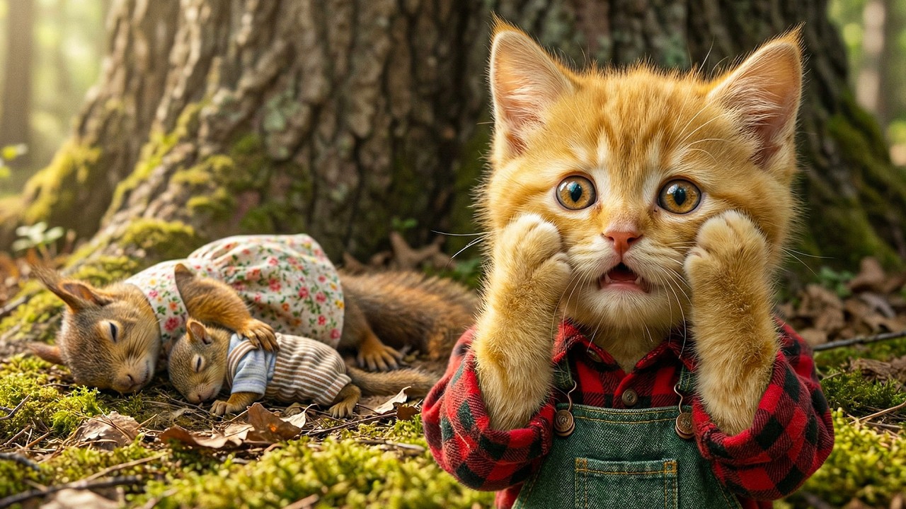 Мультики для детей. Котик с мамой в лесу спасли белку. Видео про котиков. Мультик