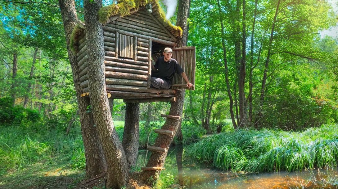 Строю уютный домик на дереве над водой. Ночевка и выживание