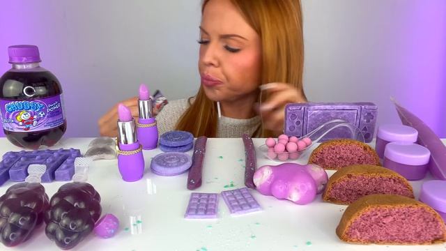 ASMR MUKBANG, Purple Desserts, Ube Cake, Chubby Grape Soda, Edible Dice, Jelly Tube, Kohakutou