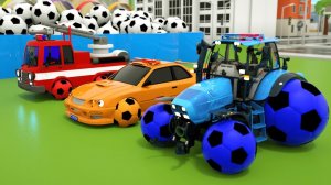 Синий трактор и гоночный автомобиль. Изучение цветов. Сборка футбольного мяча и шин.