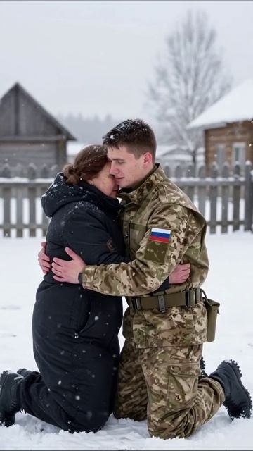 Встреча матери и сына в снегу #семья #война #чувства