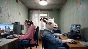 Симпатичная девушка и козочка играют в одну игру на разных мониторах