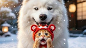 Реакция котёнка на поцелуи большой собаки бесценна! 🤣