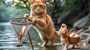 😹Мама кошечка ловит вкусную рыбку со своим маленьким сыночком🔥