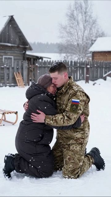Встреча в снегу: эмоции матери и сына #семья #любовь #военнаяслужба