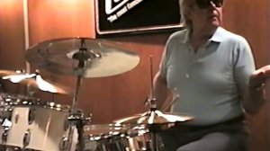 Joe Morello 1991 drum clinic. Front row, clear view of snare and kit. Louie Bellson, guest.