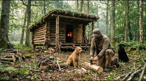 Строю каменное укрытие между двумя массивными старыми деревьями вместе с моей собакой. Бушкрафт