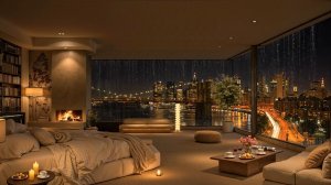 Спальня с камином, дождём и мягким джазом с видом на ночной город 🌧️🔥
