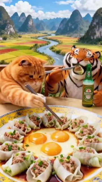 Рыжий кот и тигр Робин наслаждаются вкусной едой.