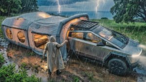 Кемпинг в сильный дождь с Tesla Cyber track.