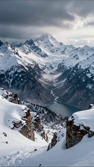 Зимняя идиллия: горные вершины и ледяные воды #Природа #Горы #Приключения