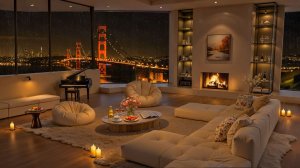 Ночная гостиная с камином, дождём и мягким джазом для отдыха 🌧️🔥