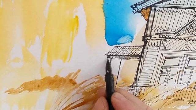 Городская зарисовка Пленэр Перо Акварель Ускорено Х5 Фрагменты (из полного видео) 01.01.2026