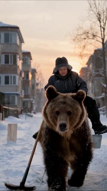 Необычный утренний променад с медведем #медведь #зима #приключения