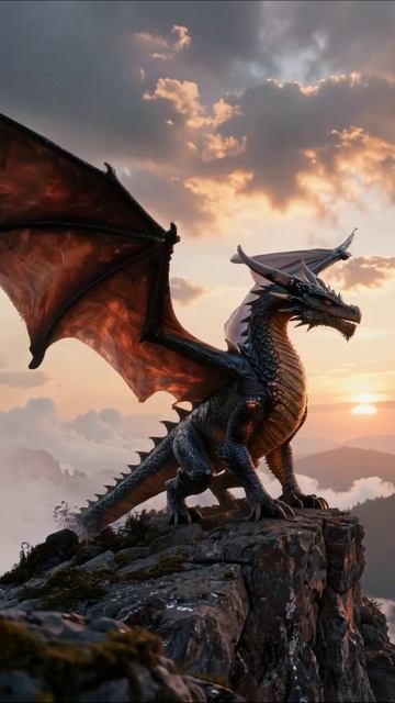 Могущественный дракон на фоне заката #дракон #фантастика #приключения