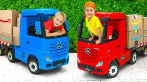 Дети катаются на игрушечном грузовике — забавная история для детей