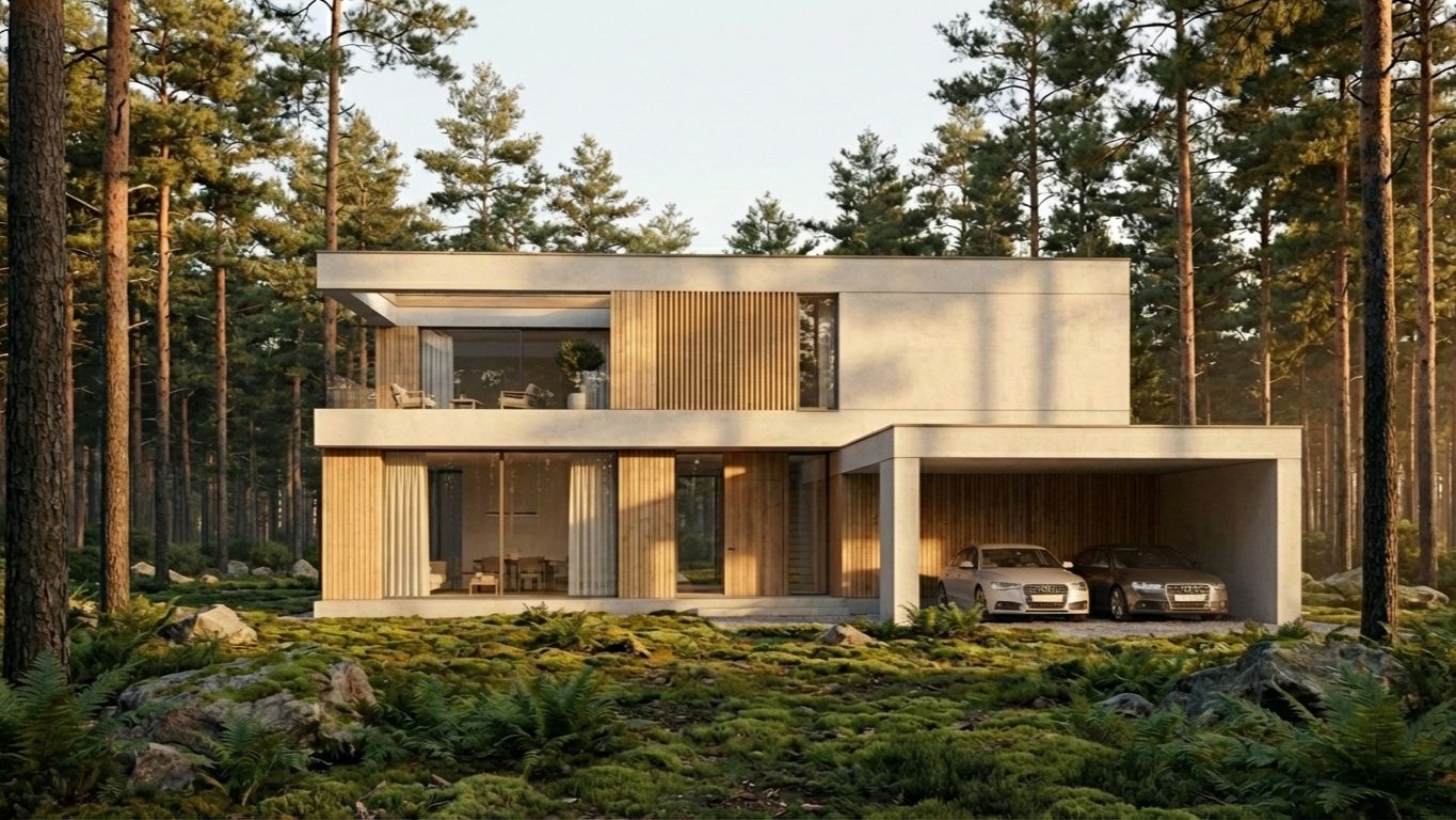 Двухэтажный дом в стиле хай-тек с панорамным остеклением