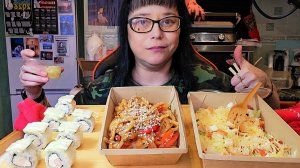 Мукбанг | Удон с креветками, Роллы, Салат Цезарь с семгой | Обжор Асмр