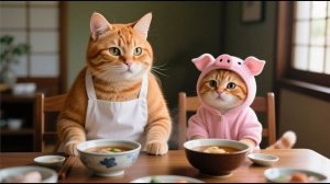 Рыжий котенок узнает секретный рецепт приготовления пищи мамы-кошки