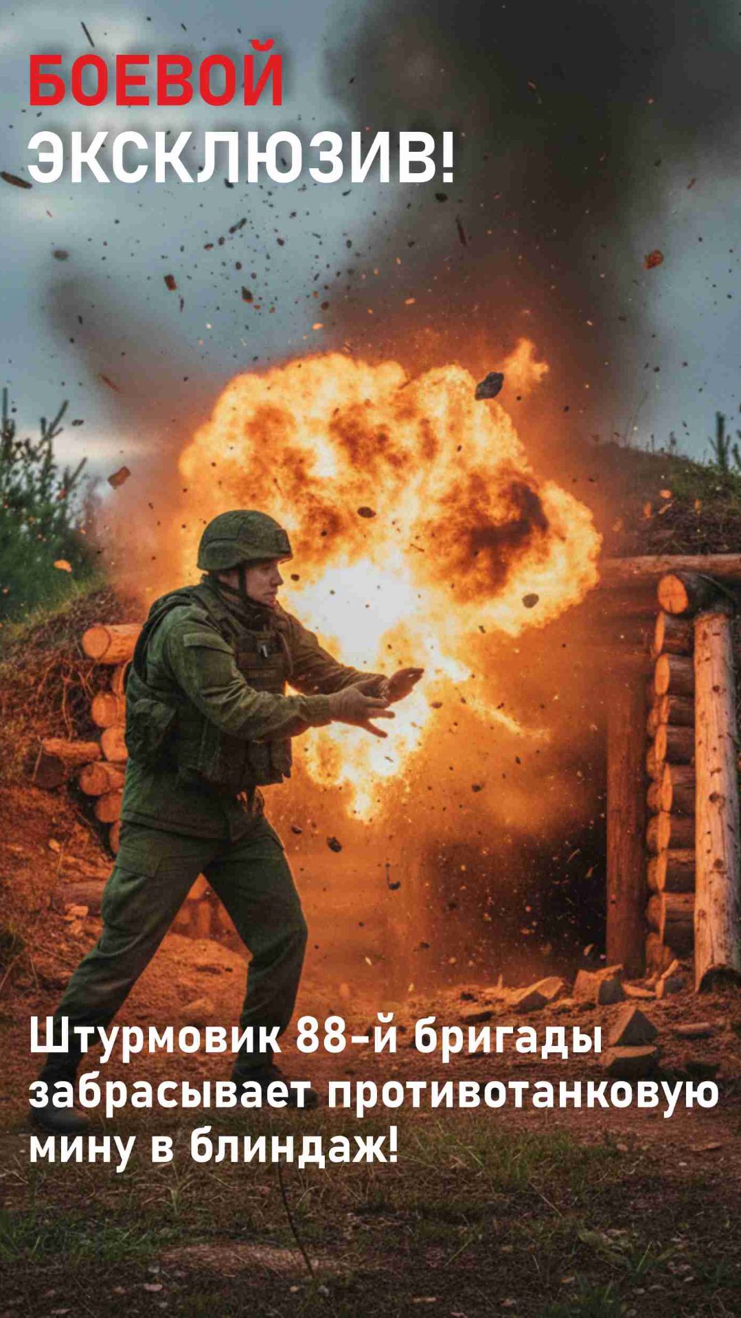 Штурмовик 88 бригады уничтожает блиндаж противотанковой миной