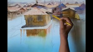 Lake Village Watercolour Landscape Painting Ganesh Hire