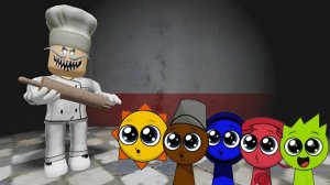 Малыш Спрунки, Мистер Сан, Бруд, Джевин, Телефон играли в «Беги от папы Пиццы Обби» в ROBLOX.