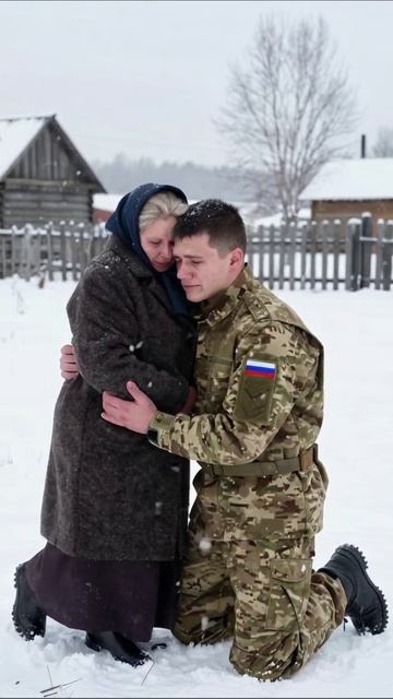 Молитва о мире: встреча матери и сына в снегу #война #материнскаялюбовь #снег